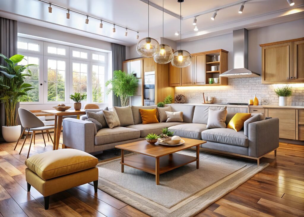 Staged living room photo Huntsville — bright, modern interior with neutral tones