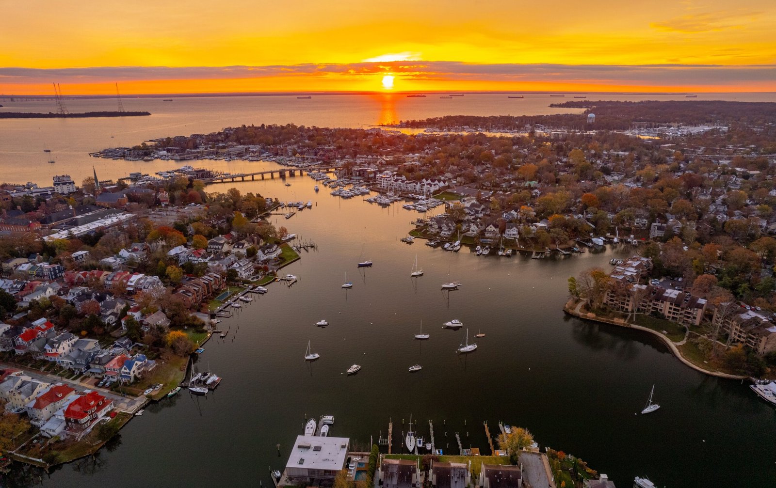 Aerial view of Annapolis Harbor and Chesapeake Bay at sunset